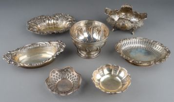 Seven late 19th/early 20th Century silver bon bon dishes, all hallmarked makers include: JD/WD,
