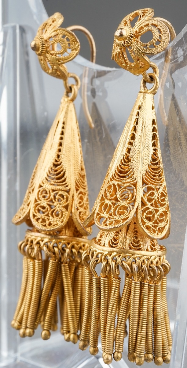 A pair of 19th century yellow metal filigree earrings, tapered conical drops with tassels, hook - Image 2 of 2