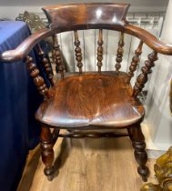 Antique English Victorian Smokers Bow Armchair / Captains desk chair