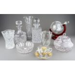 Assorted cut and moulded glass to include painted cup and saucer, decanters and stoppers, bowls,