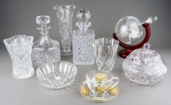 Assorted cut and moulded glass to include painted cup and saucer, decanters and stoppers, bowls,