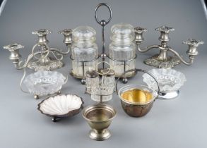 Collection of epns to include Walker and Hall double glass jar stand, 2 candle sticks, condiment