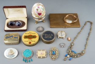 Costume jewellery, including a Mexican silver and reconstituted turquoise brooch; a pair of white