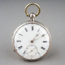 A Victorian silver open face pocket watch, 42mm white enamel dial with Roman numerals and subsidiary