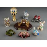 A Faberge style music jewellery box and cover with Limoges style dressing table decorative pieces