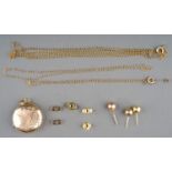 Two 9ct yellow gold find chains, and a single 9ct gold stud earring, gross weight 2g; a 9ct back and