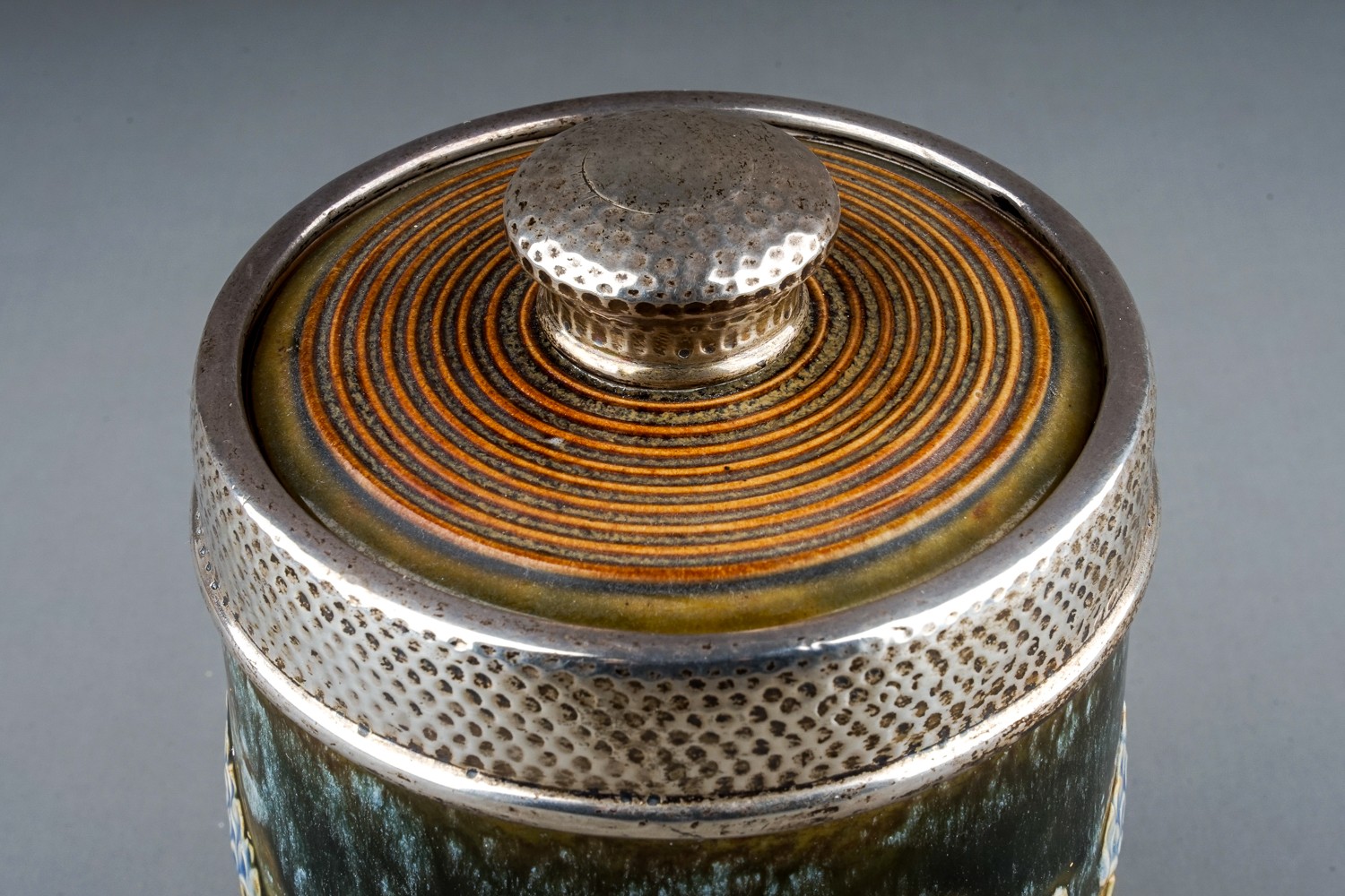 An Art Nouveau Royal Doulton silver-mounted cylindrical tobacco jar and cover, raised sinuous floral - Image 3 of 6