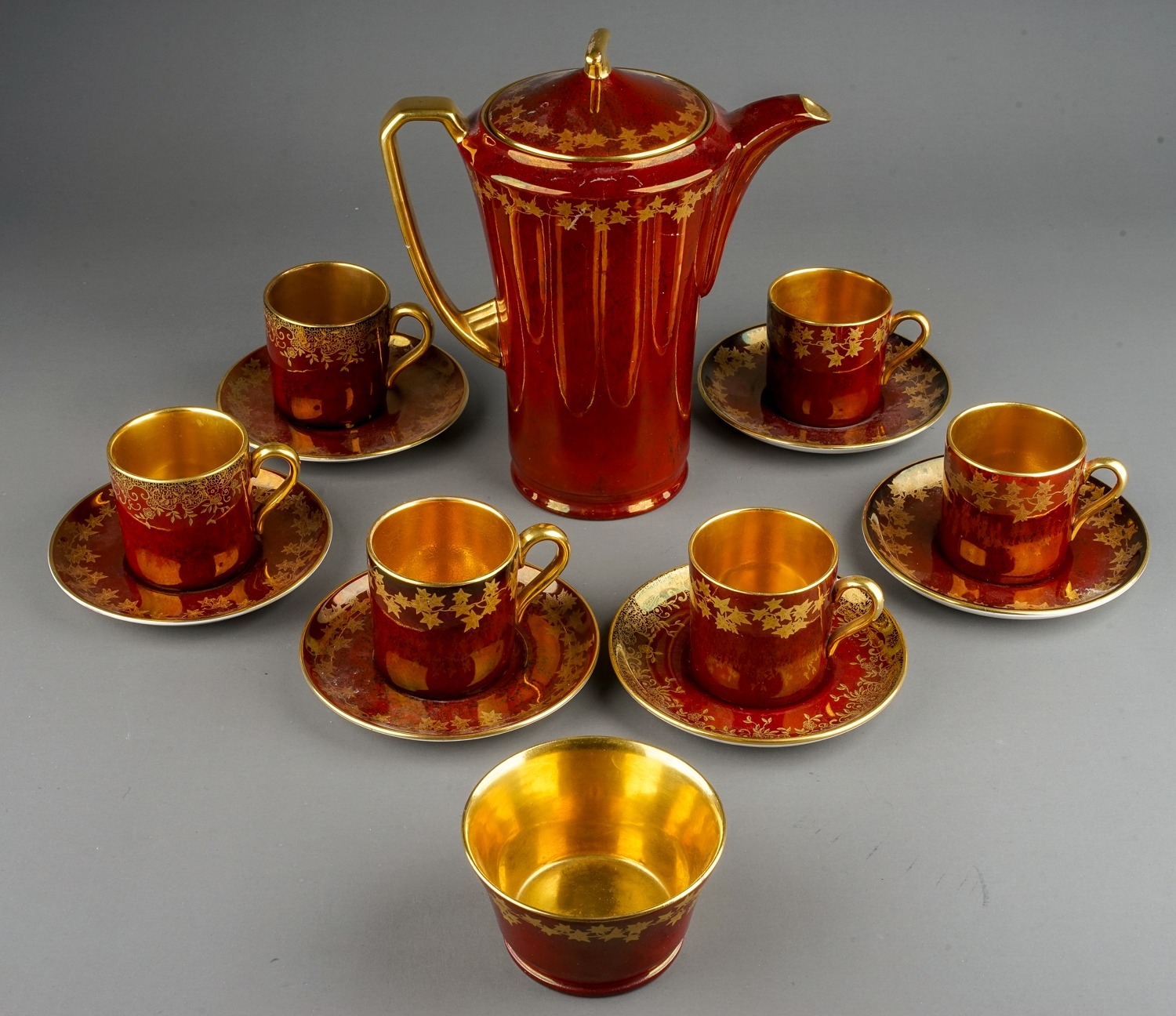 A vintage Crown Devon lustre and gilt pattern no 699 coffee service including coffee pot, six