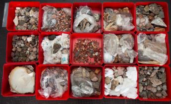 A large collection of rock and stone samples in 15 containers