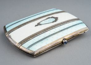 An Edwardian silver and enamel cigarette case, the cover enamelled in cream and pale blue, gilt
