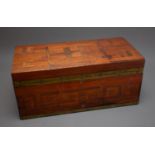An early 20th Century brass and vari wood carrying box, the cover inset with initials H, L and E,