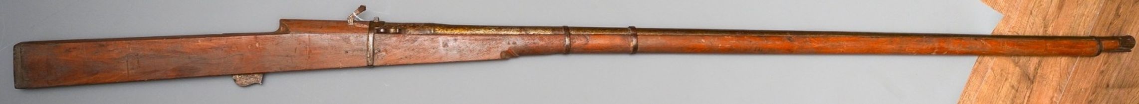 A LARGE 19TH CENTURY AFGHAN JEZAIL MATCHLOCK RAMPART GUN Wooden stock and decorative barrel,