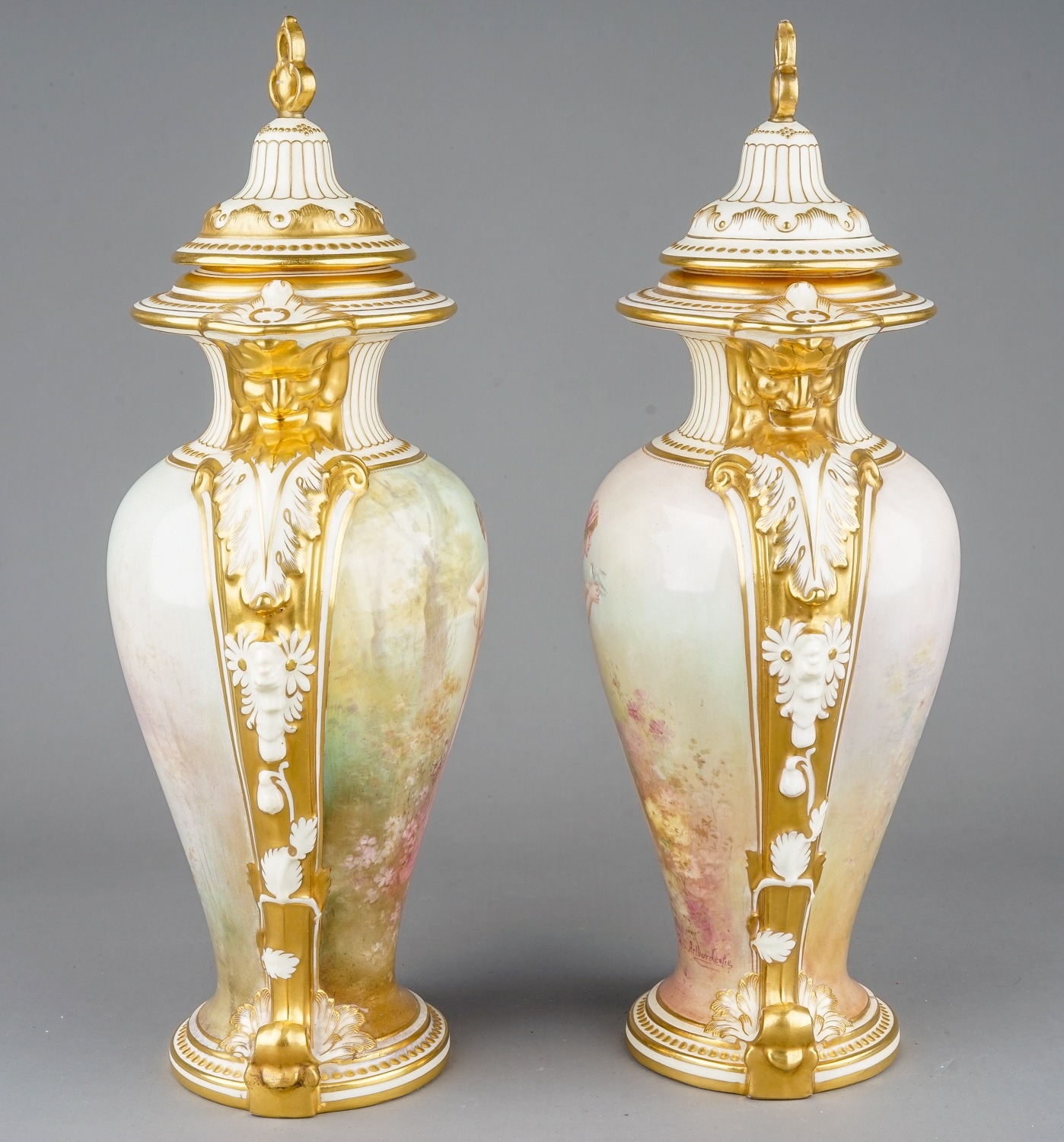 Arthur Leslie: a pair of early 20th Century Royal Doulton vases and covers, urn shaped bodies - Image 2 of 7