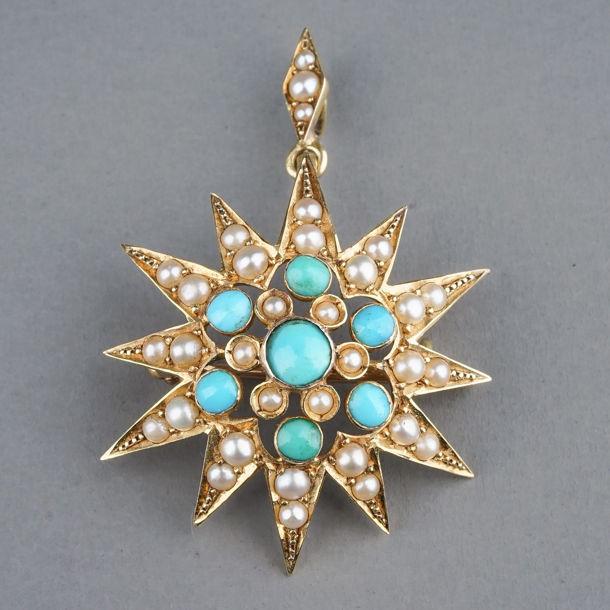 A Victorian yellow gold turquoise and pearl star brooch/pendant, hinged pin and pendant loop, approx - Image 2 of 8
