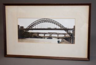 Attributed to Graham Smith (b.1947) Tyne Bridge sepia print, 14.5 x 34cm, framed and glazed