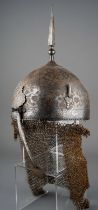 19th Century Persian Khula Khud helmet. Decorated with animals and foliage. Total drop from top of