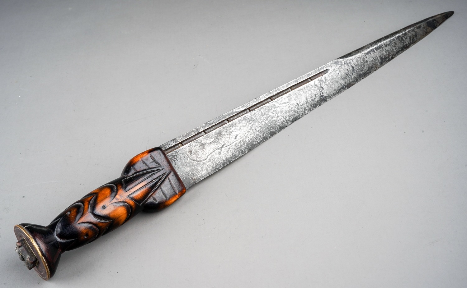 Scottish dirk dagger with pierced blade and carved wooden handle. Probably 18th Century. Overall