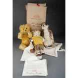 Three modern Steiff toys Meercat, Golfer Teddy, Bear in Sack and Golden Jubilee Teddy with box and