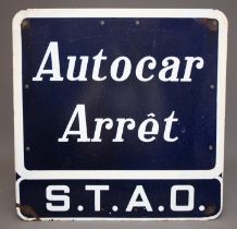 A vintage French black and white advertising sign for AUTOCAR ARRET S.T.A.O., approx 50 x 50cm