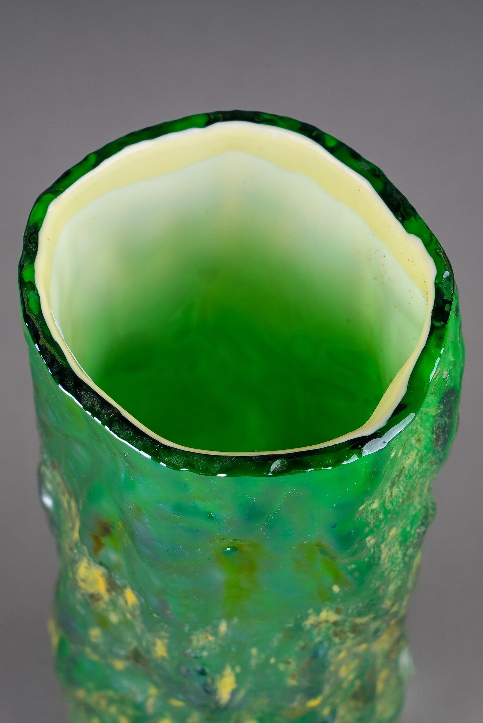 A green lustre glass textured bark vase in the manner of Geoffrey Baxter for Whitefriars, approx - Image 2 of 3