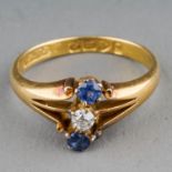 A George V 18ct yellow gold sapphire and diamond ring, size L, gross weight approx 3.2g,