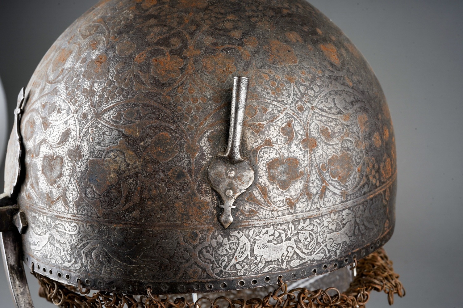 19th Century Persian Khula Khud helmet. Decorated with animals and foliage. Total drop from top of - Image 3 of 6