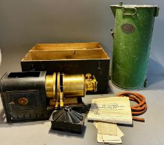 A late 19th Century tin plate and brass magic lantern with Stocks patent lamp, in tinplate