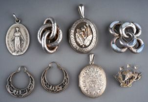 A collection of Victorian and later silver jewellery, including a Scottish silver and hardstone knot