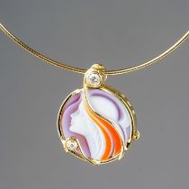 Catherine Best of Guernsey - an 18ct yellow gold, diamond and cameo pendant necklace, the agate