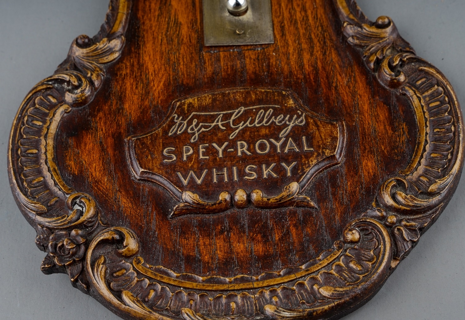 A 20th Century Gilbey's Spey-Royal Whiskey wall thermometer, with carved borders, approx 34cm long - Image 2 of 4