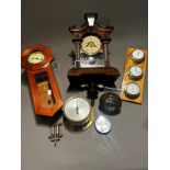 Assorted clocks including Regulator, Viennese style and mounted small brass Ships thermometers