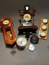 Assorted clocks including Regulator, Viennese style and mounted small brass Ships thermometers