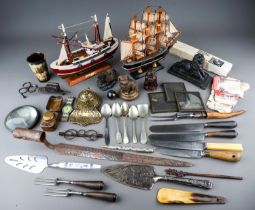 Collection of collectables to include two model made boats, horn beaker, brass ink stand, silk