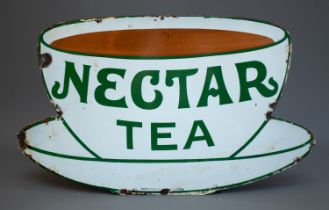 A vintage white and green enamel NECTOAR TEA advertising sign in the form of a teacup, approx 54cm