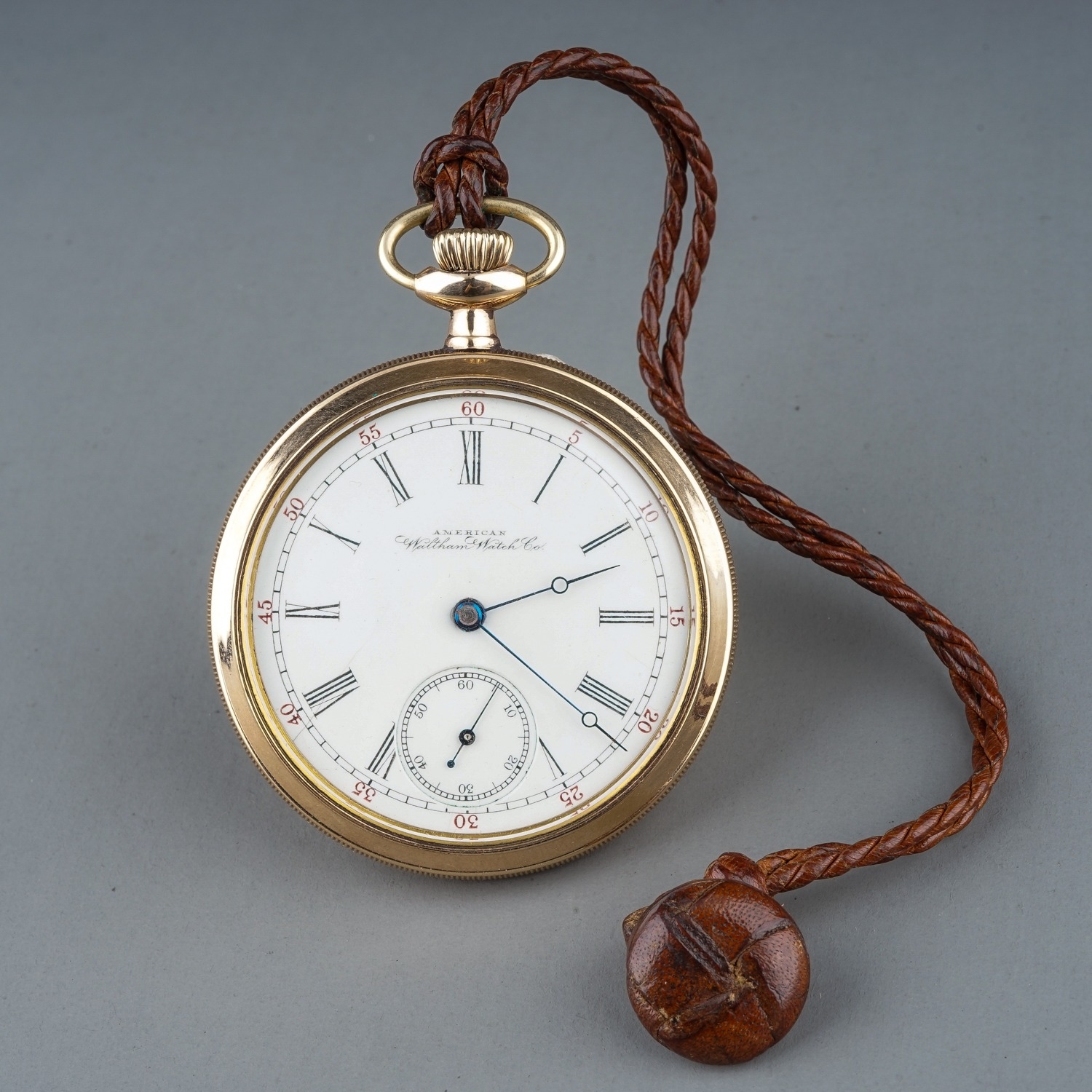 A Waltham Watch Co gold-plated open faced pocket watch, 43mm white enamel dial, 50mm case, Roman