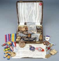 Collection of coins, badges, Masonic medals, buttons and medal ribbons