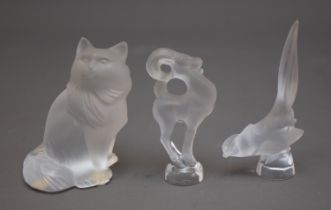 Lalique: a group of three frosted glass animals to include: a large cat, a Ram paperweight and a