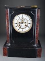 A slate mantel clock, Japy Freres, with original key and pendulum
