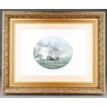 A Stefan Nowacki painted porcelain oval plaque depicting two British naval tall ships in harbour