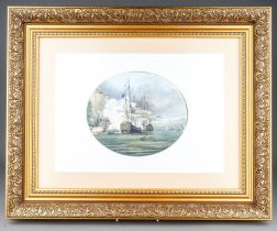 A Stefan Nowacki painted porcelain oval plaque depicting two British naval tall ships in harbour