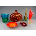 5 pieces of coloured art glass - including Blenko Mother of Child with its stopper and Murano