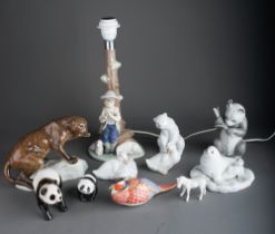 A Nao table lamp modelled as a Shepherd boy seated with sheep and assorted ceramics including: