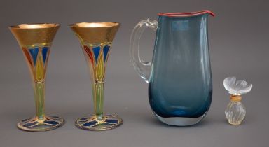 A collection of glass to include: Patrick Stern blue jug with red enamelled rim and clear glass