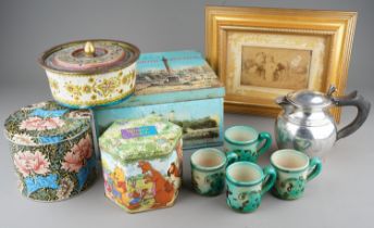 Assorted vintage tins, Portuguese cups, photograph of a girl with wild animals and silver plated
