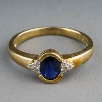 A 9ct yellow gold synthetic sapphire and diamond dress ring, size M, total gross weight approx 2.2g