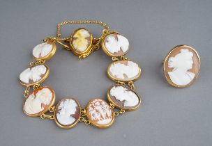 A late 19th/early 20th century yellow gold cameo bracelet, set with nine oval cameos, link