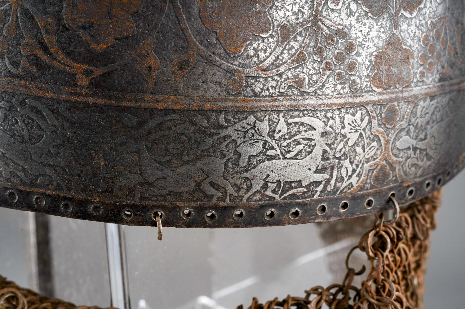 19th Century Persian Khula Khud helmet. Decorated with animals and foliage. Total drop from top of - Image 6 of 6