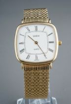 A 9k yellow gold Geneve wristwatch, 27mm white square dial, 30mm case, integral 9k gold bracelet