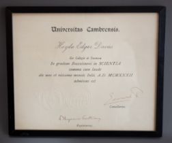 Degree certificate from the University of Wales (Swansea) conferred to Haydn Edgar Davies 1932