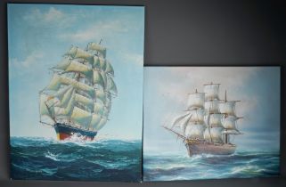 Two late 20th Century oil on canvas of tall ships, one signe Hyam lower left, 51 x 41cm, the